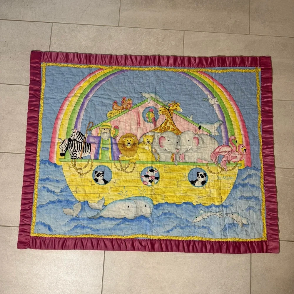 Handmade Quilt Noahs Ark Baby Blanket Toddler‎ Nursery Throw Animals 34x42